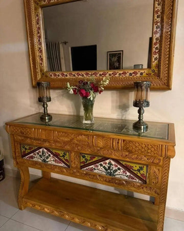 Handcrafted Swati Lobby Console with Wall Mirror – Stone and Brass Flower Detailing H.D