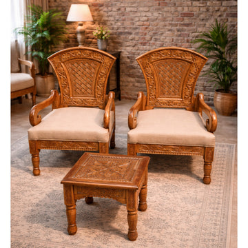 Hand Carved Solid Wood Room & Lobby Chair Set with Center Table